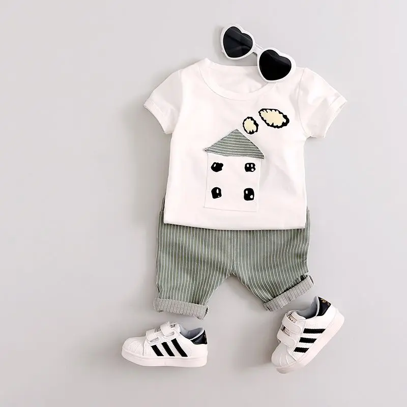 Летний комплект одежды с короткими рукавами для маленьких мальчиков; футболка с рисунком+ штаны в полоску; коллекция года; детская одежда; Модная хлопковая Футболка для мальчиков - Цвет: Армейский зеленый