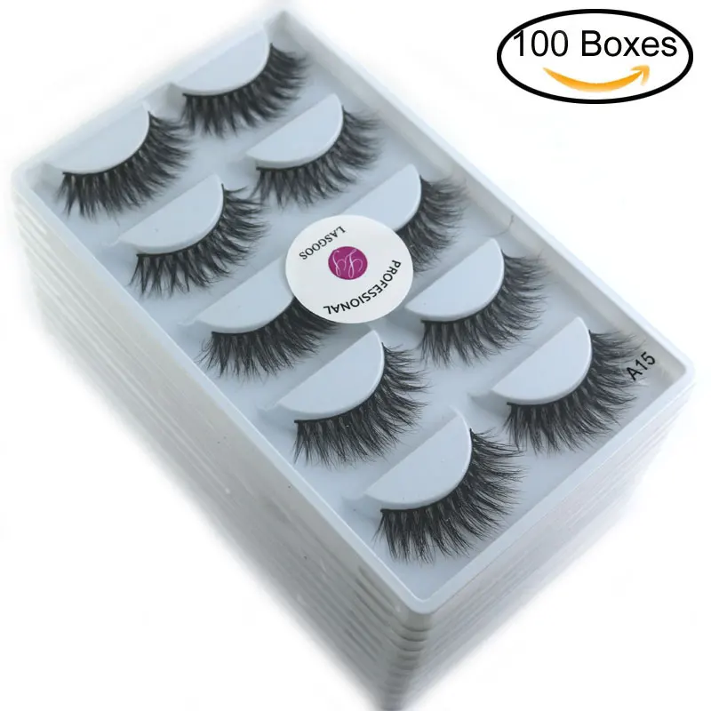 

100 Box/Lot 3D Mink Eyelashes Strip Messy Lashes Thick 15mm C Curved Fake Faux Eyelashes Maquiagem 2019 5 Pairs 3d Eyelashes A15