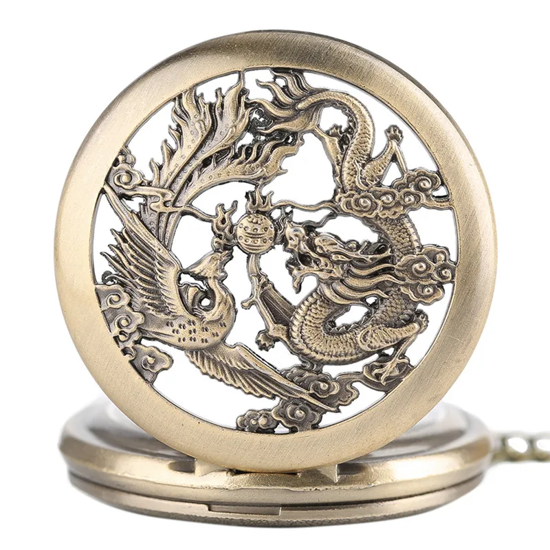 Половина охотник Классический Бронзовый Полые Дракон и Феникс Дизайн кварцевые фоб карманные часы с Цепочки и ожерелья цепь мода кулон