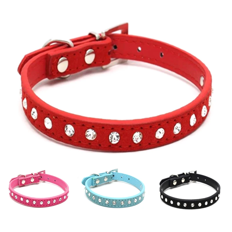 Suede Leather Diamante Crystal Small Pet Collars For Puppy Kitten