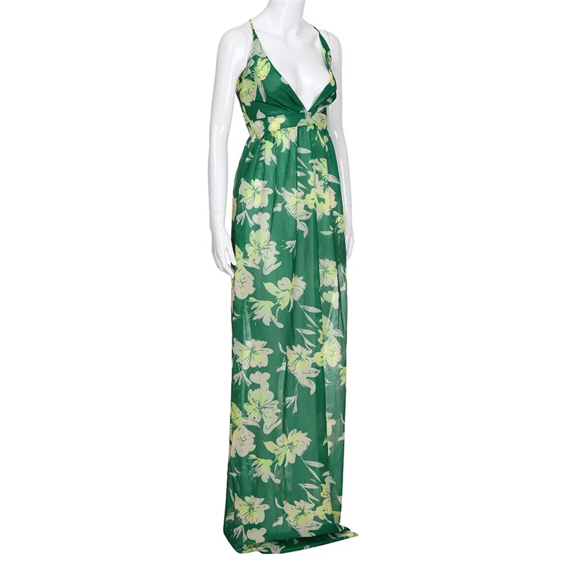HOT summer dress 2018 beach dress Women Sexy Floral Printed V-Neck Sleeveless Chiffon Evening Party Long Dress vestidos J08#N (6)