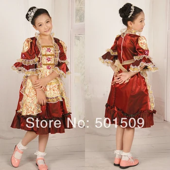 

Free shipping children girls vine red medieval dress halloween costume for height 120-130cm children wine red