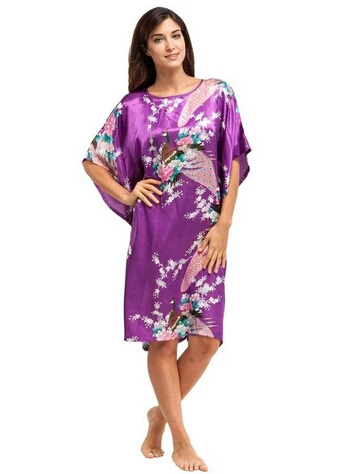 Brand New Pink Female Silk Rayon Robe Nightshirt Summer Bathrobe Gown Sleepwear Flower Home Dress Peacock Plus Size 6XL A-074