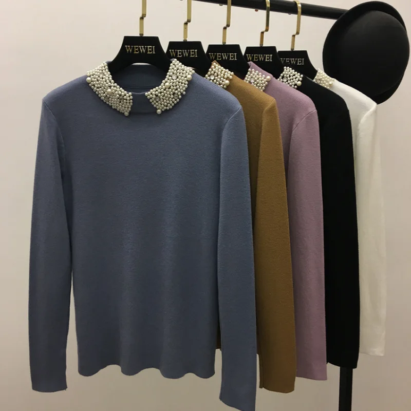 Goedkoop ALPHALMODA Kralen Kraag Trui Vrouwen Zoete Jumpers 2017 Winter Nieuwe Dames Effen Kleur Graceful Bodem Trui