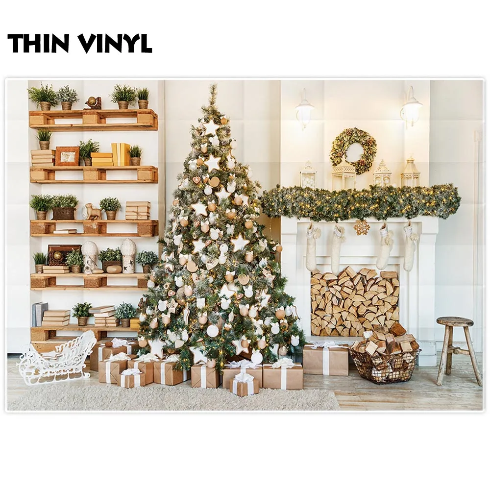 Allenjoy جديد التصوير خلفية عيد الميلاد شجرة الديكور الداخلية هدايا داخلي خزانة الموقد التصوير خلفيات
