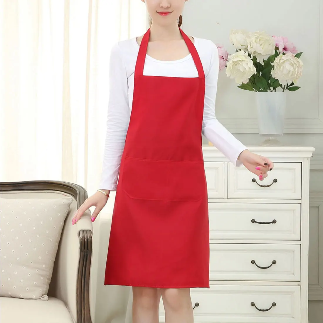 Водонепроницаемый Фартук для женщин с карманами сплошной цвет кухня ресторан кулинарный магазин искусство работы фартуки корейские фартуки для официантов - Цвет: Красный
