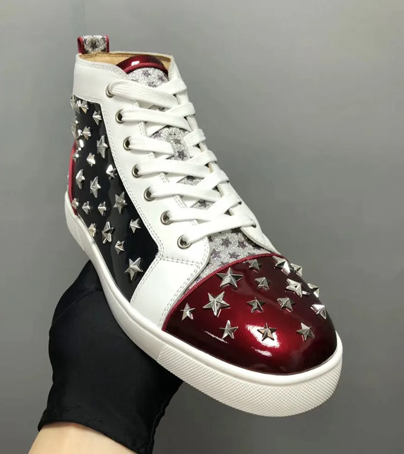

High-Cut shoes Men Black Patent leather Lace-Up Messy Star rivet Red bottom shoes Sneakers Leather Loafers 2018 Spring