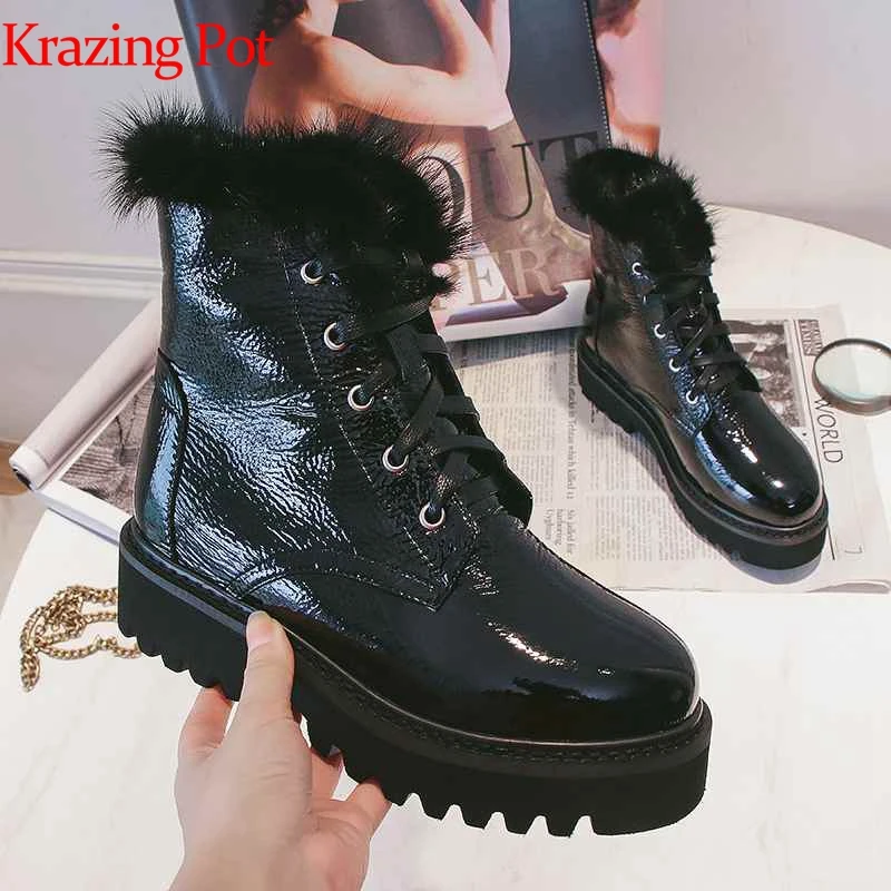 

krazing pot microfiber patent leather sheep fur round toe Western boots Korean keep warm thick bottom med heel ankle boots L9f3