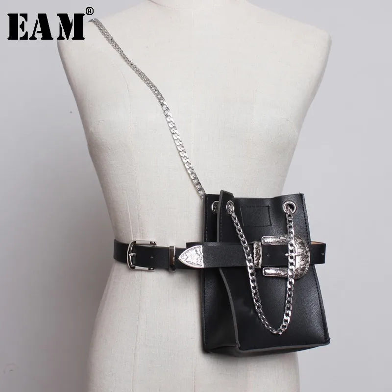 

[EAM] 2019 New Spring Summer Pu Leather Personality Chain Buckle Split Joint Bag Belt Two Ways Wear Women Fashion Tide JL687