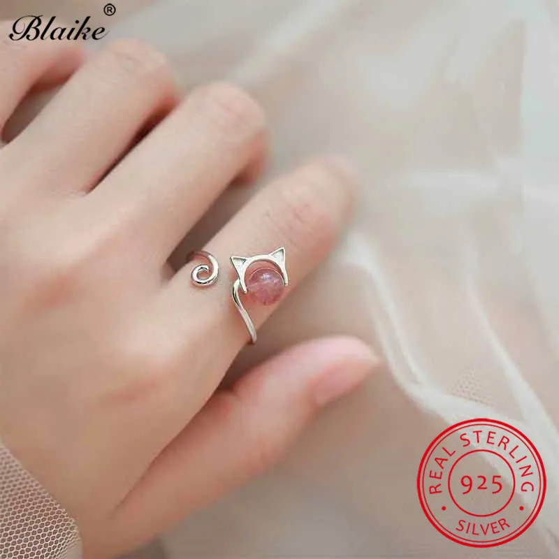 

Blaike Cute Open Cat Rings For Women 925 Sterling Silver Adjustable Ring Female Pink Stone Girls Forefinger Ring Wedding Jewelry