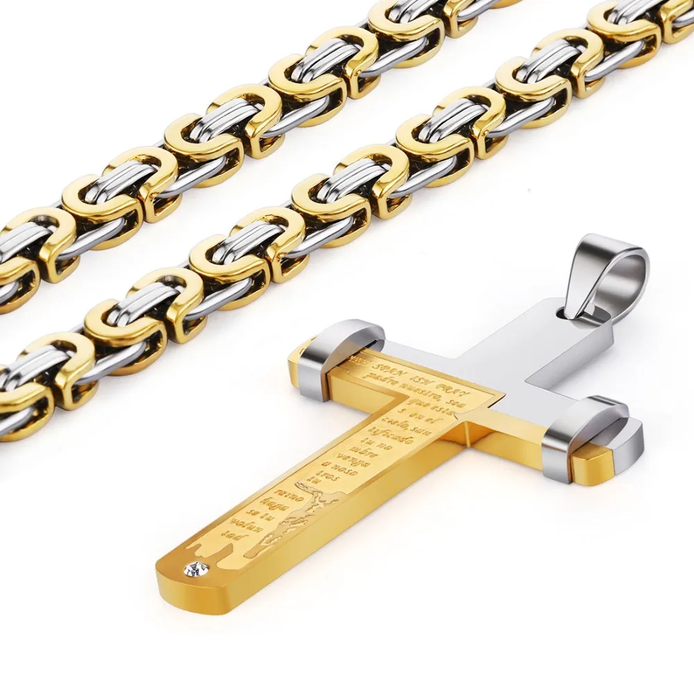 Catholic Spanish Bible Engraved Cross Pendant Necklace Gold Silver