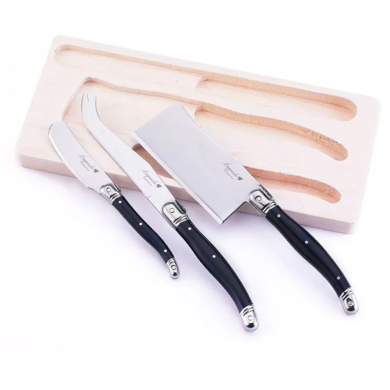 Laguiole Style Cheese Spreader Knife Fork Set Black Handle Cheese