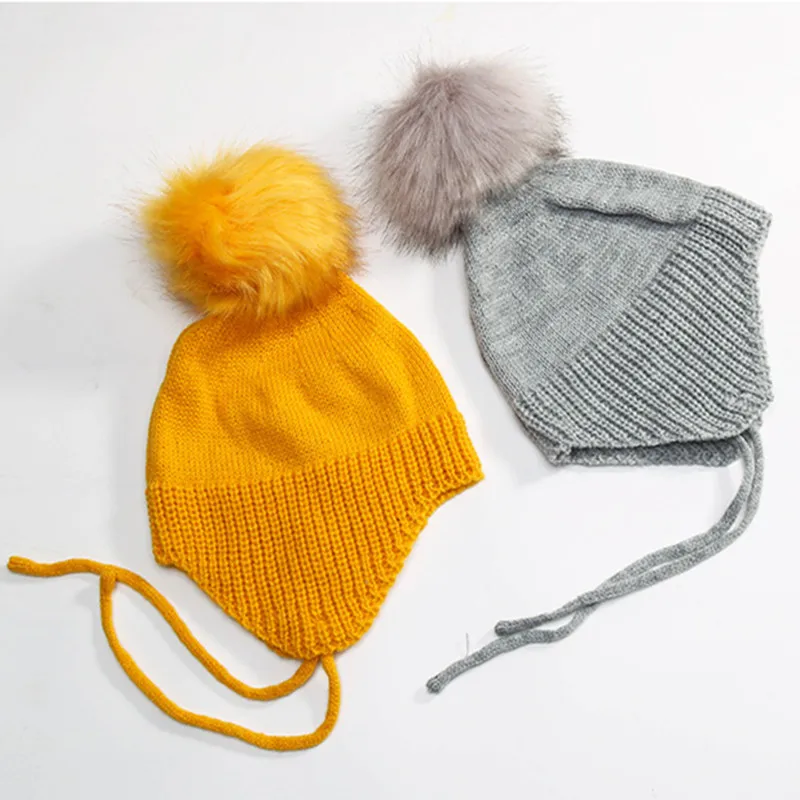 

2017 Baby Autumn Winter Fashion Hat Knit Cotton Warm Caps Kids Beanie Children Big Ball Hooded Hat Pure Color Boy Girl Cute Hats