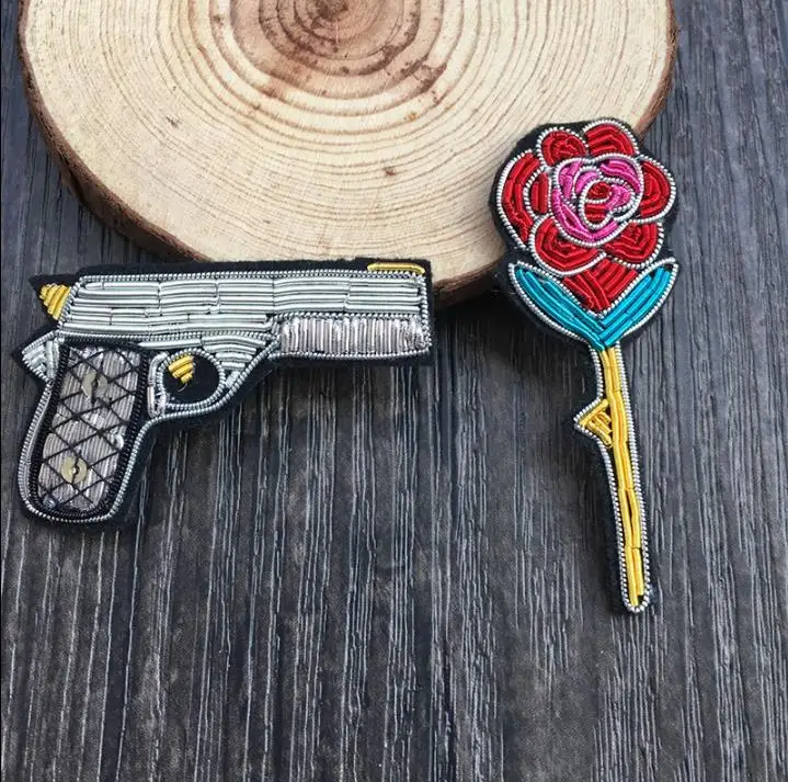 Gun Rose Emboridered Patch Brooch Indian Silk Wire Handmade Embroidered Badge Fabric Fashion Clothing DIY Craft Supply | Дом и сад