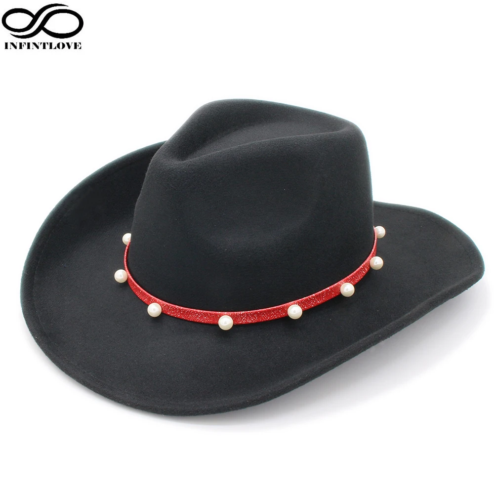 LUCKYLIANJI Unisex Cool Adjustable Strap Wool Felt Vintage Pearl Red Leather Ribbon Hondo Crown