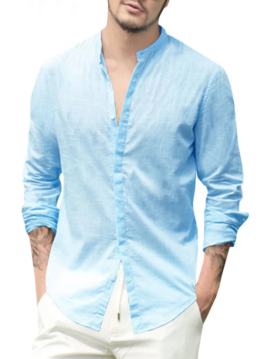 Новые мужские рубашки с длинным рукавом, однотонные хлопковые льняные повседневные рубашки с v-образным вырезом, хлопковые летние пляжные рубашки в китайском стиле