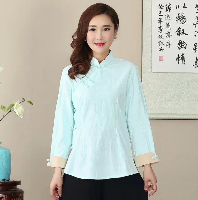 Buy Hot Sale Light Blue Cotton Linen Solid Women Shirt