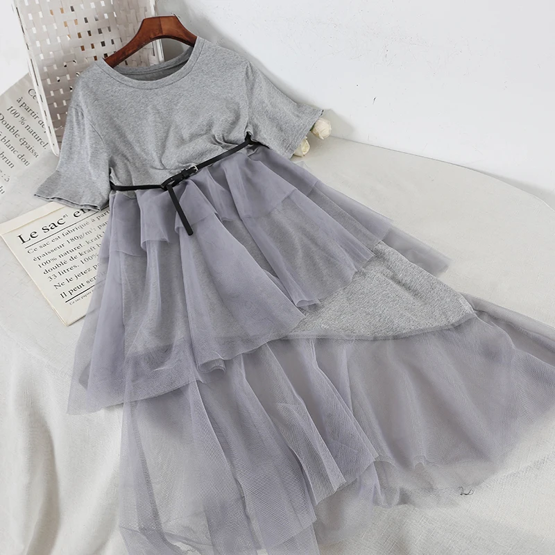 

Women O-neck Short Sleeve Tulle Dress Casual Elastic Slim High Waist Mesh Gauze Voile Pullover Layer Cake Ball Gown Belt Dress