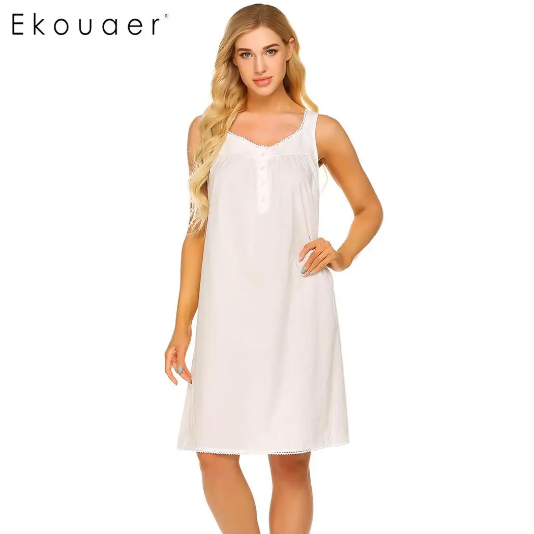 Ekouaer женская летняя одежда для сна хлопковое Ночное платье Ночная рубашка на бретелях без рукавов с v-образным вырезом плиссированная свободная Ночная Рубашка домашняя одежда ночные рубашки - Цвет: white
