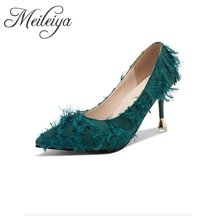 

Women Soft Velvet Leather Shallow Fashion Shoes Sexy Ladies OL High Heels Pointed Toe Novelty Feather Party Pumps Green Pink