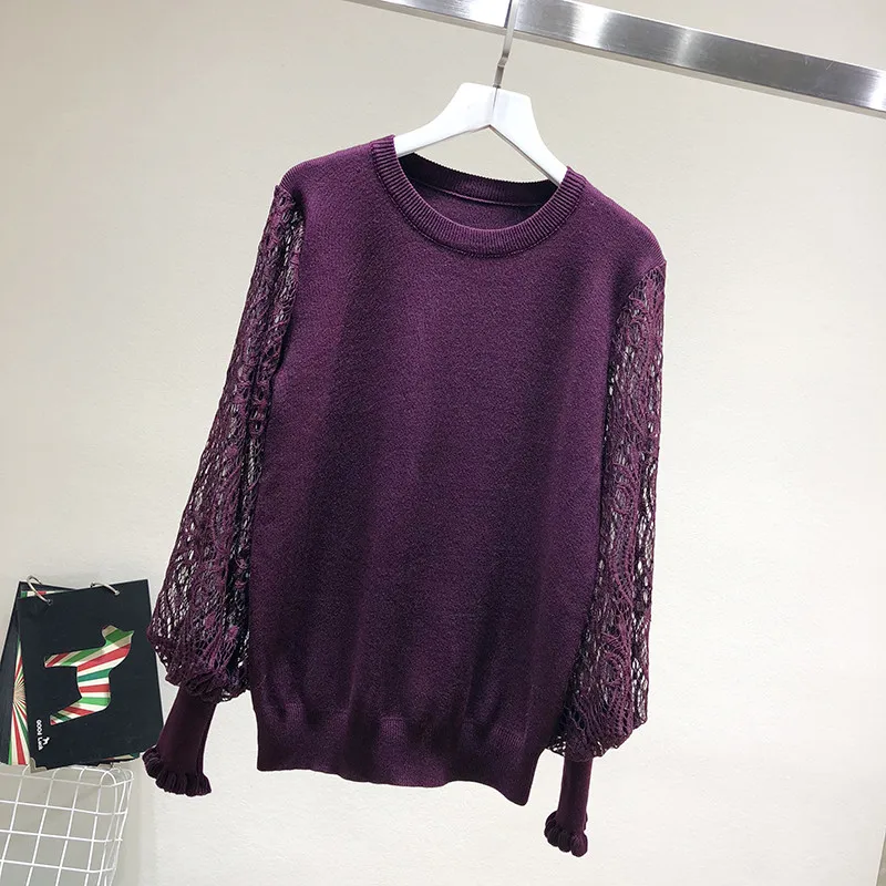 LUOSHA женский осенне-зимний вязаный пуловер и свитер, Женский ажурный свитер с кружевными рукавами в стиле пэчворк, Женский пуловер