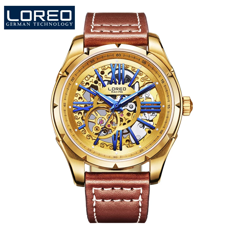 LOREO Knight series skeleton sport racing Authentic automatic mechanical sapphire 5ATM golden Leather