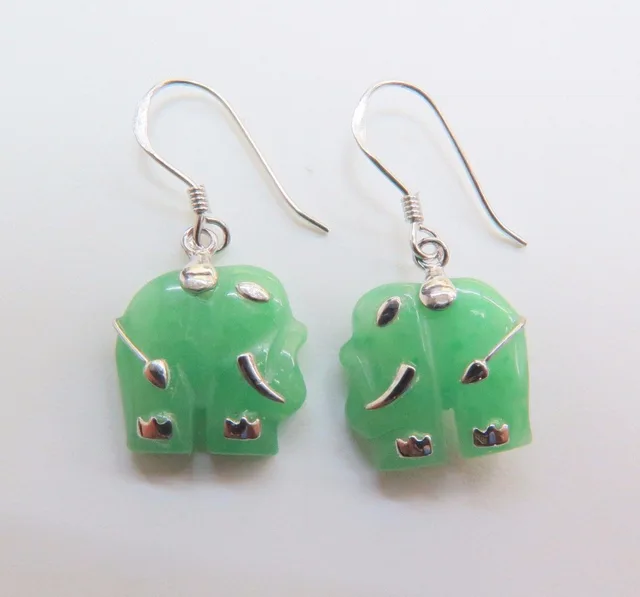 Fine Pure S925 Sterling Silver Green Jade Elephant Dangle Earrings Fine Pure S925 Sterling Silver Green Jade Elephant Dangle Earrings