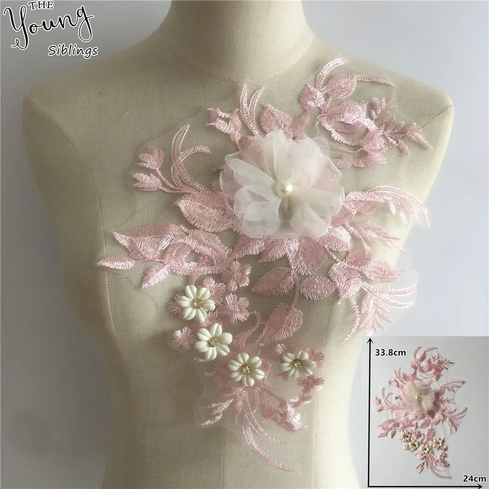 

3D flower Embroidery Fashion Applique pearl Lace Collar Tulle DIY Rhinestone Lace Neckline Wedding Clothing Accessory Supplies