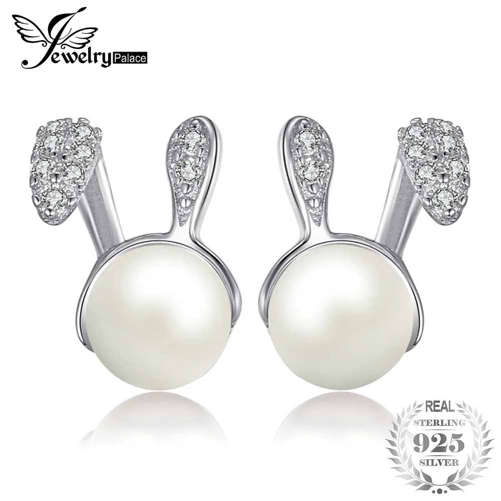

JewelryPalace Bunny Easter Cubic Zirconia Cultured Round Shape Pearl Stud Earrings Real 925 Sterling Silver Fine Jewelry 2018