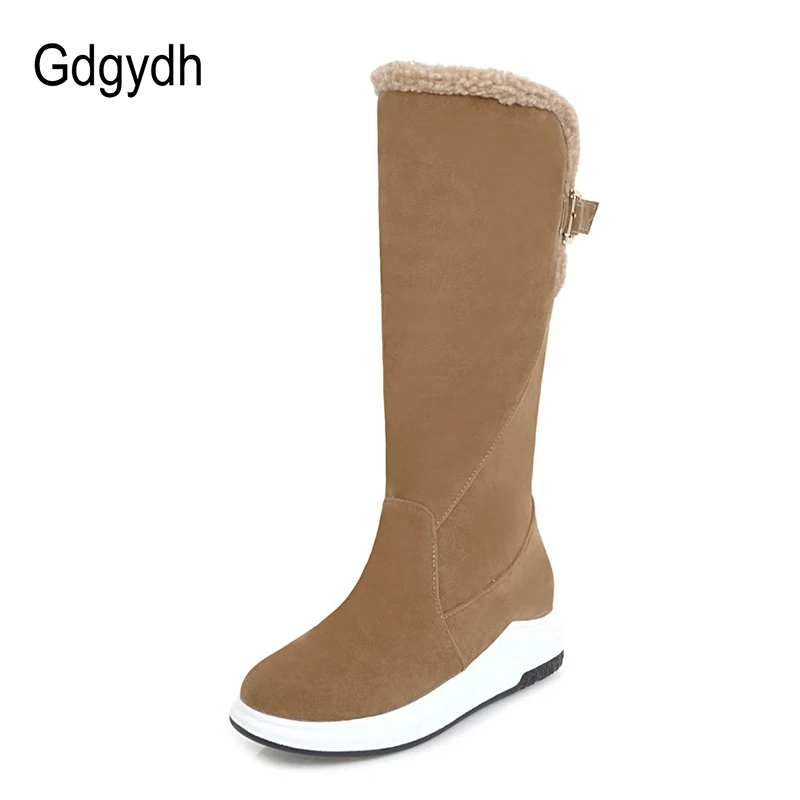 Ceny Gdgydh buty do kolan zimowe ciepłe buty damskie 2019 New Arrival metalowe klamry pasa kobiet śnieg buty pluszowe wewnątrz dobrej jakości