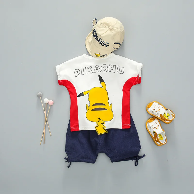 

Boys' suit 2019 summer suit children's crew neck color matching short sleeve baby cartoon shorts two-piece set 1-4 years old