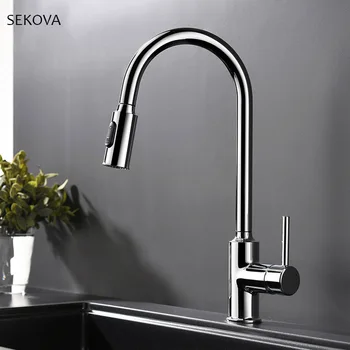 Chrome Plated Brass Cold And Hot Kitchen Faucet Pull Out Kitchen Sink Water Mixer Tap with Two Spray Mode Single Handle donyummyjo factory direct sale modern solid brass pull out spray chrome brass kitchen faucet mixer tap single handle two spouts