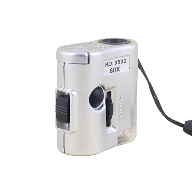Мини 60X карманный микроскоп Ювелирные изделия Лупа Стекло светодиодный УФ светильник оптические инструменты