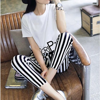 

2 Piece Set Women White Printing Tops+stripe Pants Suits Summer Clothes For Women Causal Round Neck Shirt & Slim Elastic Trouser