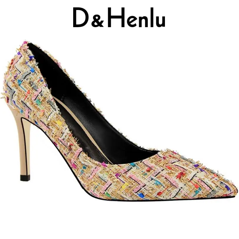 

D&Henlu Thin Heels Pointed Toe Ladies Lattice Cloth High Heels Sexy Party Shoes And Bags To Match Black Pumps zapatos de mujer