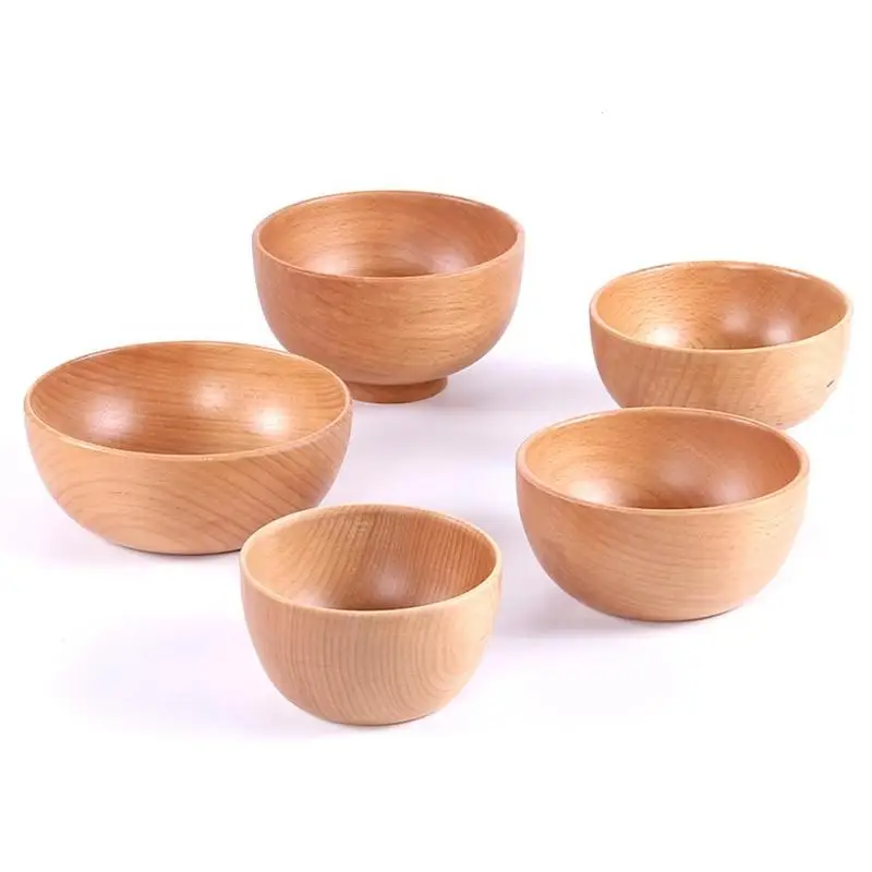 

5 Style Natural HandMade Wooden Salad Bowl Large Round Wood Salad Soup Dining Bowl Plates Premium Wood Kitchen Utensils Set