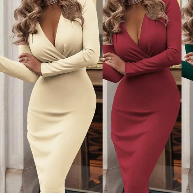 

2019 New Womens Summer Long Sleeve Elegant Bandage Bodycon Evening Party Solid Color Sexy V-Neck Dress