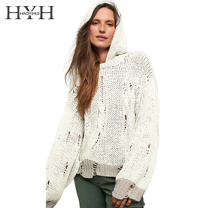 

HYH White sweater Autumn Solid Color Beige Hooded Streetwear Long Sleeve Women Sweater Patchwork Hole Thin For Lady Sweater