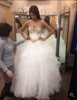 

New design white ball gown wedding dress ruffled beading crystals wedding gowns real picture cheap bride dress hot sale