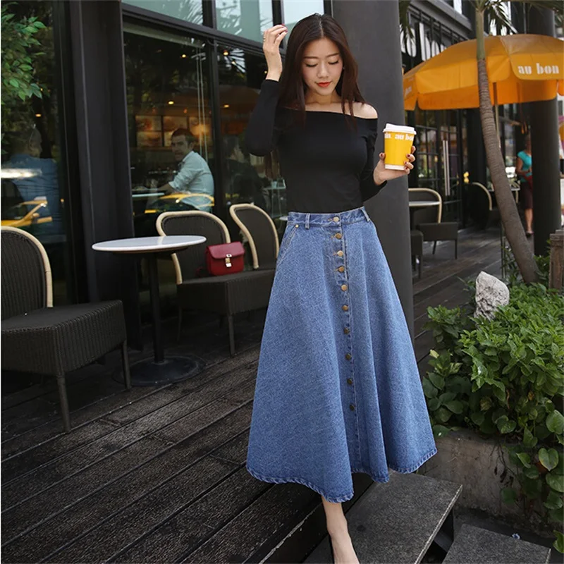 Spring summer Retro Style women denim skirts High waist long denim ...