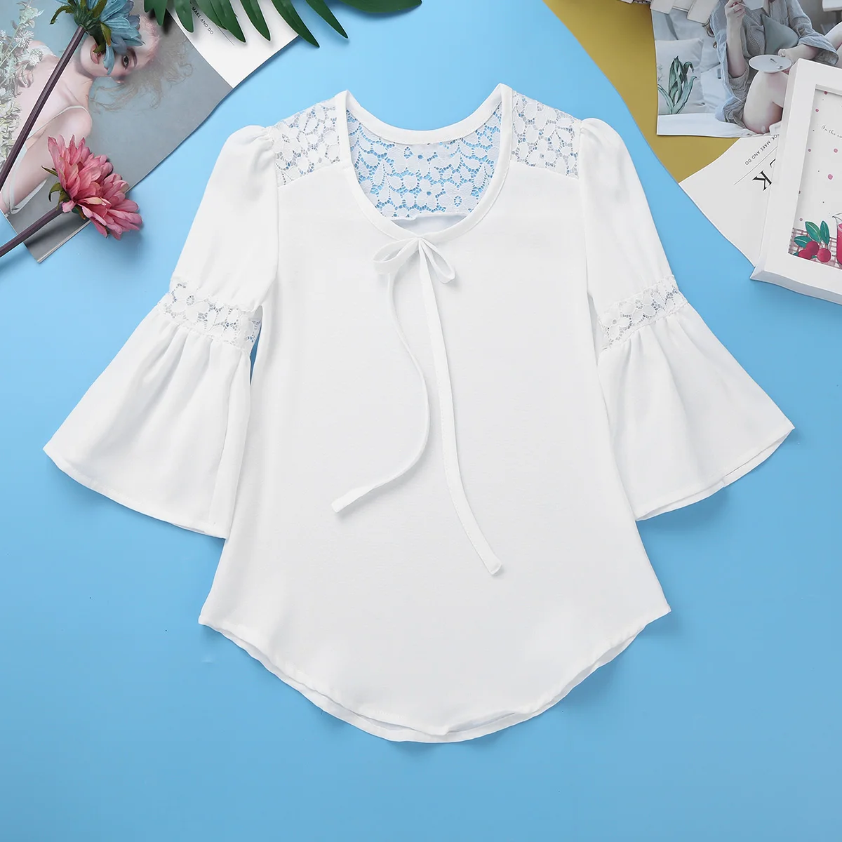 

Children Teenage Big Girls' Bell Sleeve Blouses Top Lace Inset with Bowtie for Casual Spring Summer Autumn Party Daily Wear