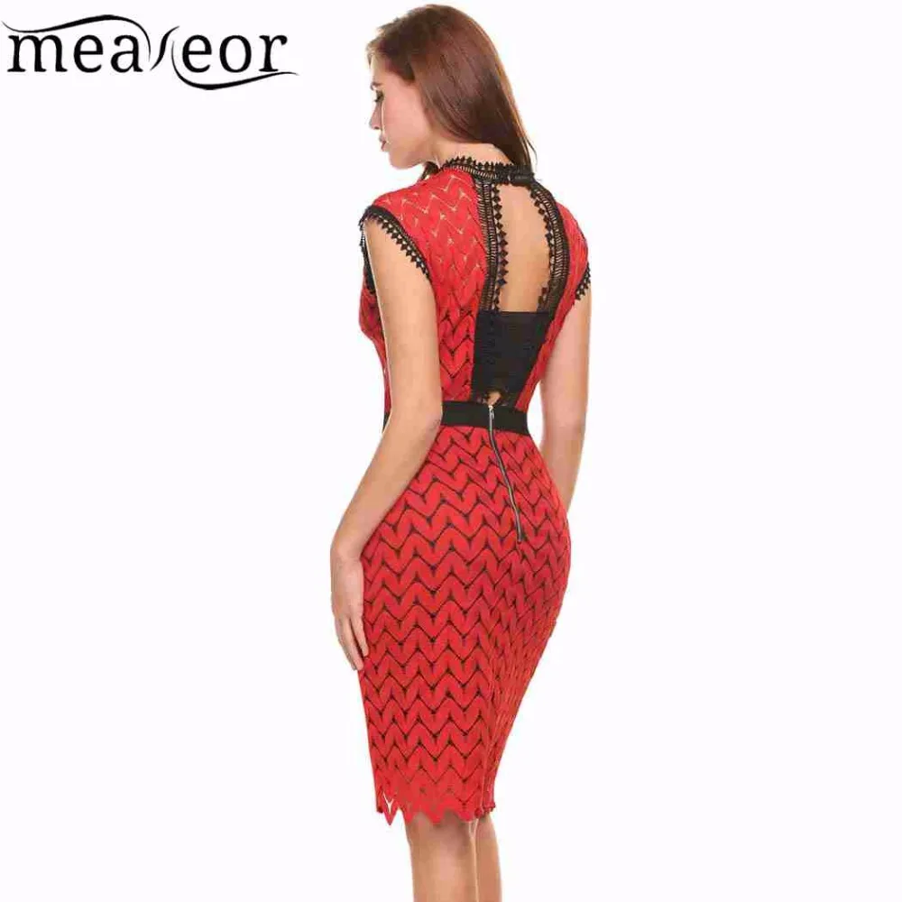 

Meaneor Women Vintage Styles O-Neck Sleeveless Zigzag Hollow Out Lace Backless Tunic Sheath Cocktail Party Dress With Lining