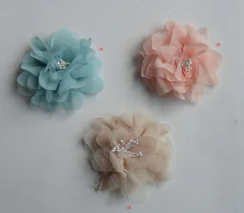 

10PCS 11.5cm 4.5" white beads center Chiffon Fabric Flower Appliqued no pin back diy hair accessories, jewelry finding &garments