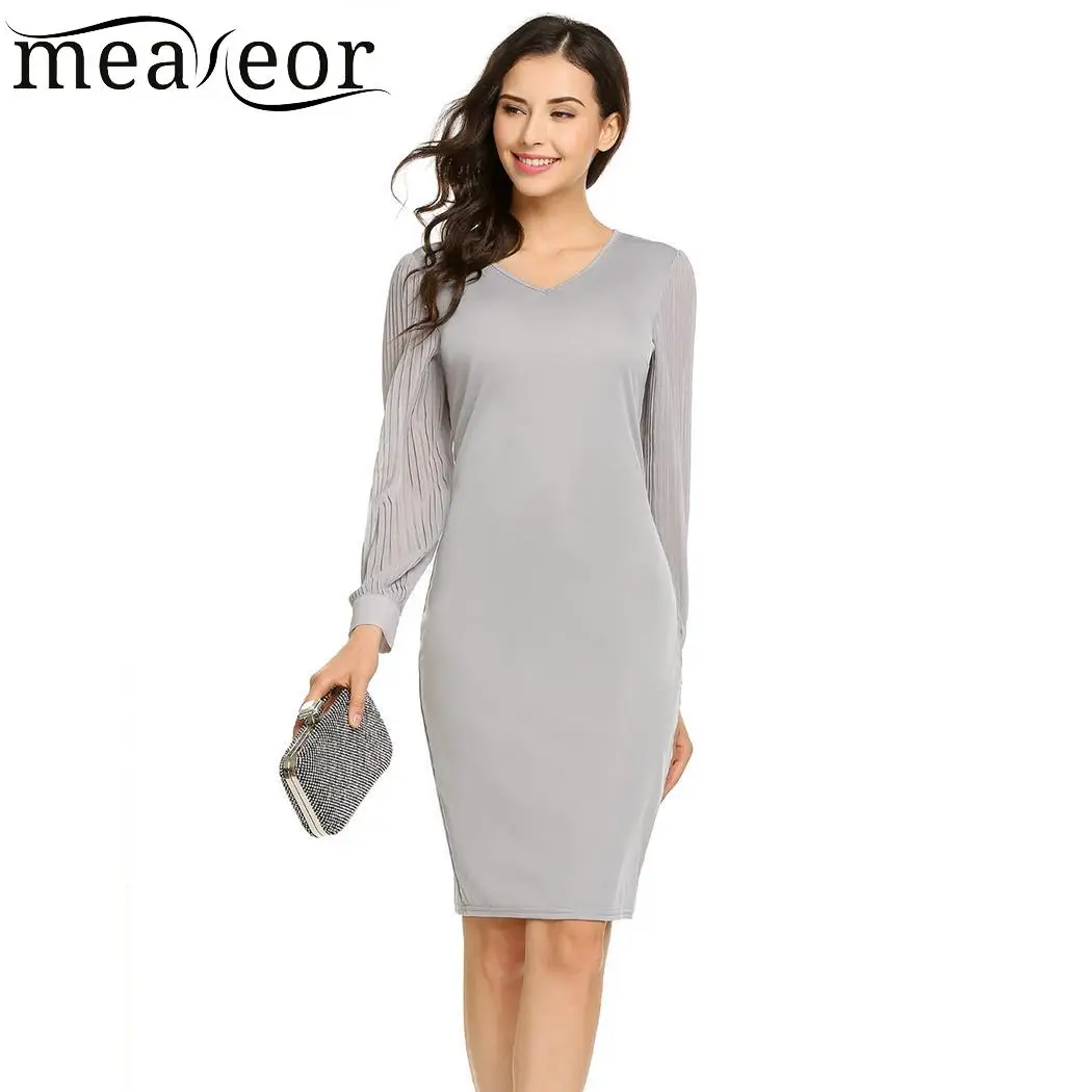 Koop Meaneor Casual Vrouwen Jurk V hals Lange Chiffon Vrouwen Jurk Cr ecirc;pe Lange Mouw Herfst Patchwork Potlood Party Sexy Vrouwen Jurk
