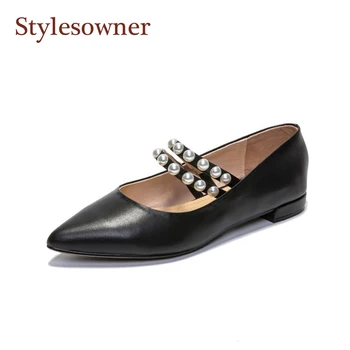 

Stylesowner Korean Style Lady 1.5cm Low-heel Shoe Autumn Sweet Girl Pearl Decoration Mary Janes Shoes Real lLather Single Shoes