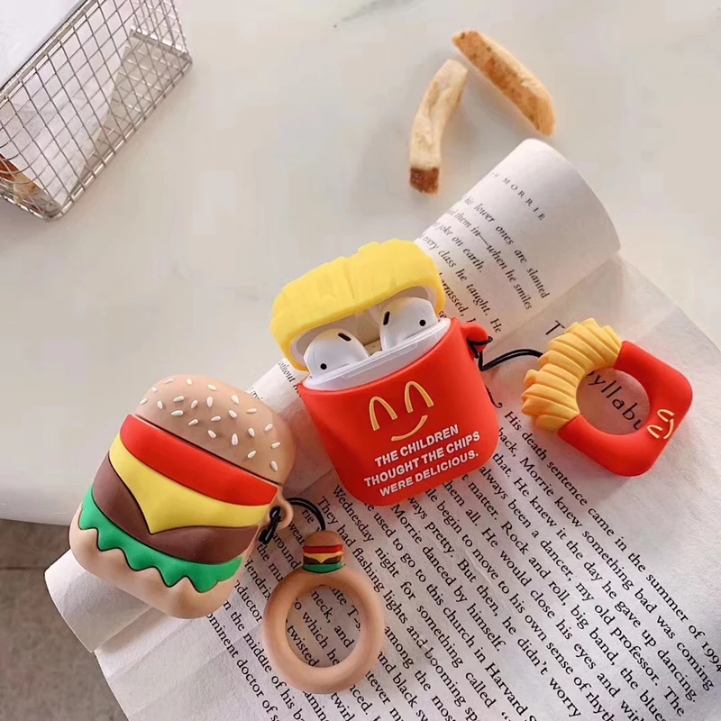

Luxury Funnly Cute 3D hamburger French fries Silicone Bluetooth Wireless Earphone Case For Apple AirPods 1 2 Box Headset