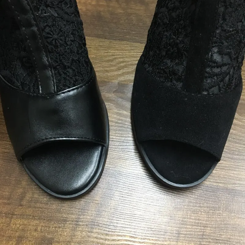 ORCHA LISA/женские летние сапоги женские сапоги до колена пикантная обувь на квадратном каблуке, с открытым носком, черного цвета, с кружевом, с вырезами, с цветочным узором, большой размер A697c