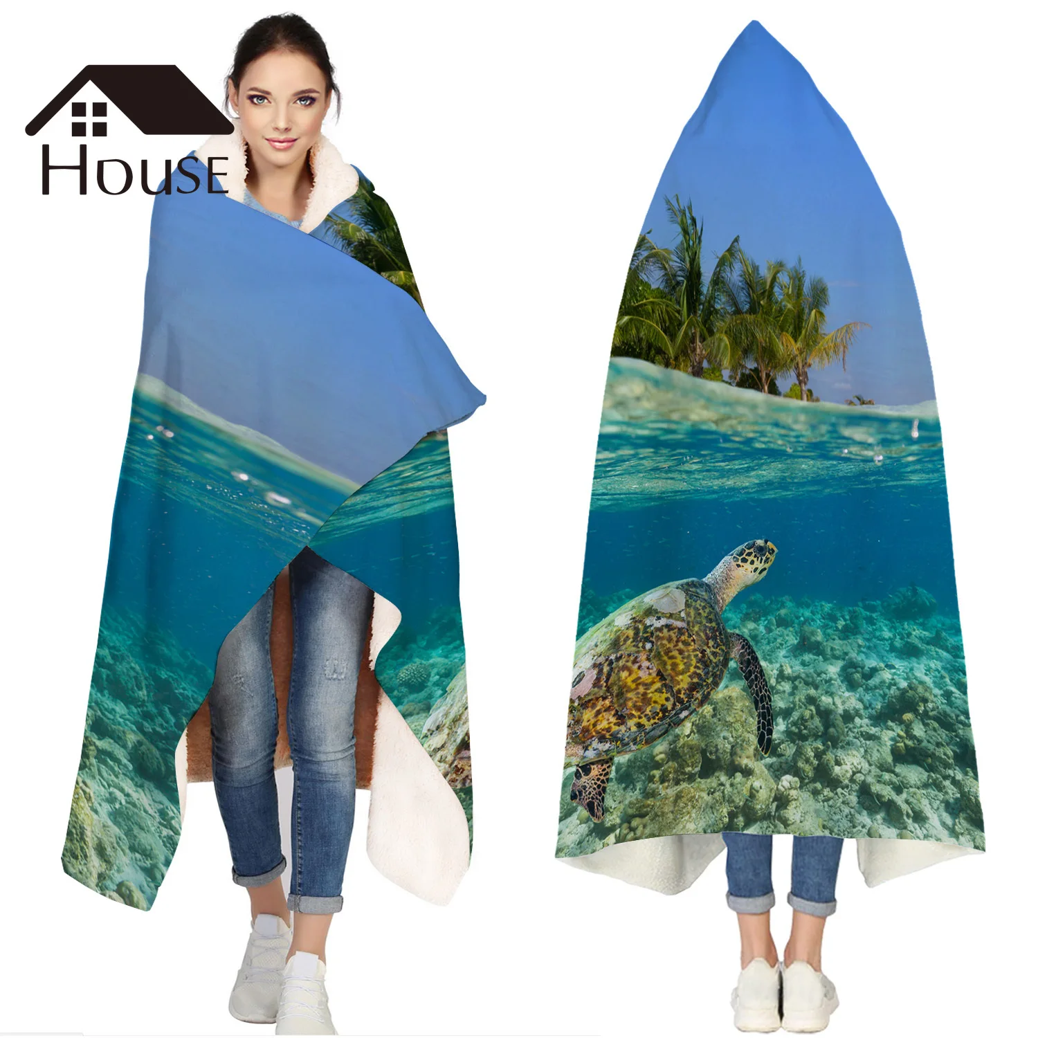 

Portable Wearable Fluffy Custom Hooded Blanket Summer Sea Turtle Palm Tree Fleece Hooded Throw Blanket