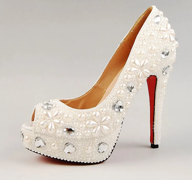 Gorgeous White Peep Toe With Pearl Wedding Party Shoes Bridal