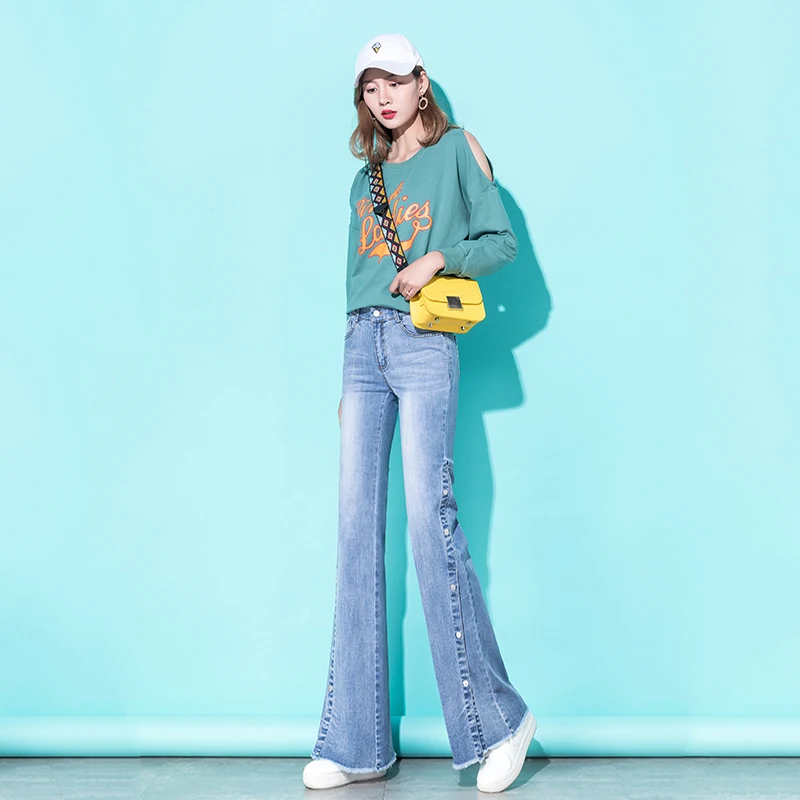 Bell Bottom Jeans Women High Waist Denim Wide Leg Jeans Frayed Edge Fashion Streetwear High Street Palazzo Flare Jeans Trousers